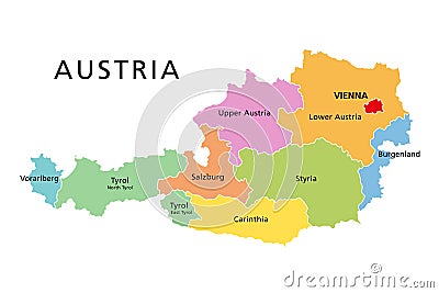 Austria, political map, with colored federated states and capital Vienna Vector Illustration