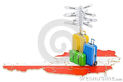 Austria travel concept. Austrian map with suitcases and signpost Stock Photo