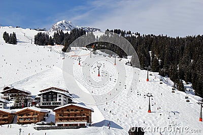 Austrian Alpine Ski Piste at winter Stock Photo