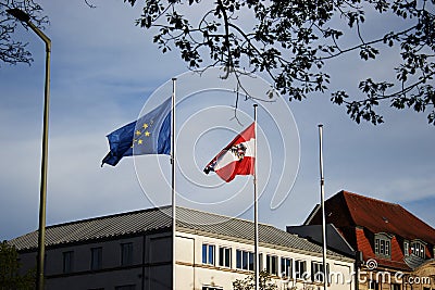 Austrian and European flag at the Austrian Embassy in Berlin Stock Photo