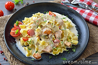 Austrian pasta meal with smoked salmon Stock Photo