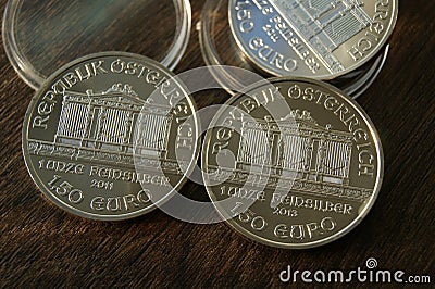Austrian silver coins Vienna Philharmonic 2011. Investment coins. Stock Photo