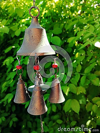 Authentic brass doorbell set against green leaves of a bush Stock Photo