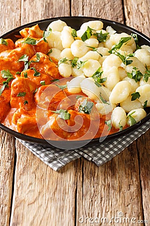 Authentic Chicken Paprikash in an unforgettably rich, flavorful and creamy paprika infused sauce closeup on a plate. vertical Stock Photo