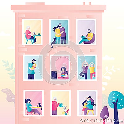 Authentic city building. Various families in windows. People stay at home. Urban view, weekend day concept banner Vector Illustration