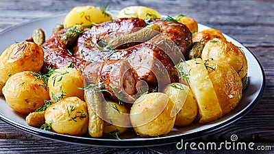 Authentic german spiral sausage with young potato Stock Photo