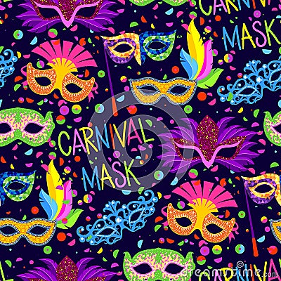 Authentic handmade venetian carnival face mask party decoration masquerade vector seamless pattern background Vector Illustration