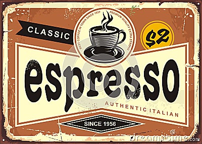 Authentic Italian espresso vintage tin sign Vector Illustration