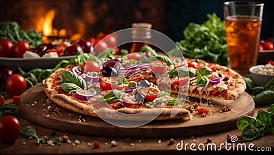 Authentic Italian pizza is a culinary masterpiece. The crust is thin and crispy Stock Photo