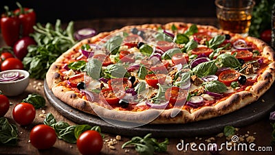Authentic Italian pizza is a culinary masterpiece. The crust is thin and crispy Stock Photo