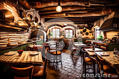 An authentic Italian trattoria, filled with rustic charm, homemade pasta hanging to dry, and a wood-fired pizza oven in the corner Stock Photo