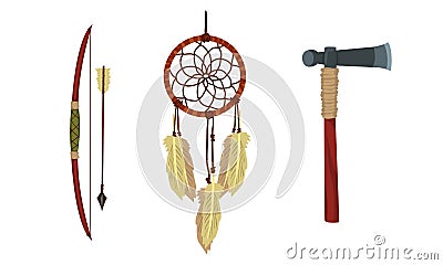 Authentic Items and Tools of Native American Indians Vector Set Vector Illustration