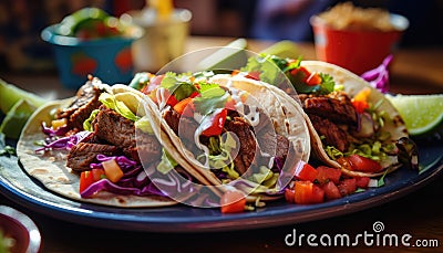 Authentic Mexican Tacos with Grilled Meat and Fresh Vegetables on a Plate, AI Generated Stock Photo