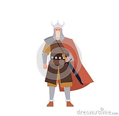 Authentic nordic barbaric viking cartoon character wearing horned helmet, armor and cape with weapon Vector Illustration