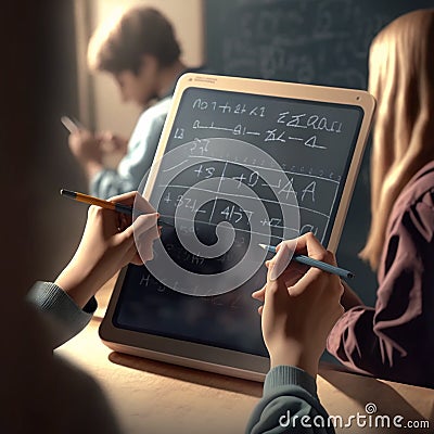 Authentic scenes of university students solving math equations on digital tablets Stock Photo