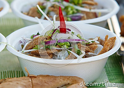 Selling authentic Vietnamese soup at the Asian Street Food Festival in Prague Stock Photo