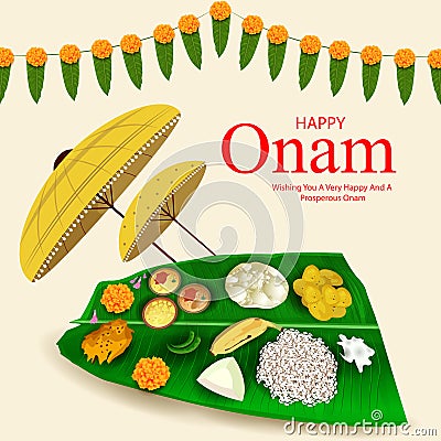 Happy Onam festival greetings to mark the annual Hindu festival of Kerala, India Stock Photo