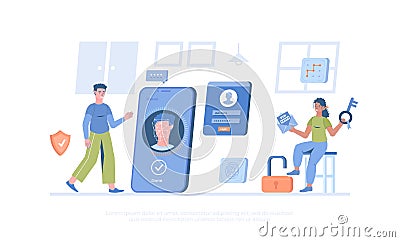 Authentication and Identity Verification. Face, fingerprint recognition, pin pattern locking, user account password. Vector Illustration