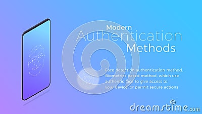 Authentication. Modern biometric facial recognition authentication method. Isometric concept of modern digital security Vector Illustration