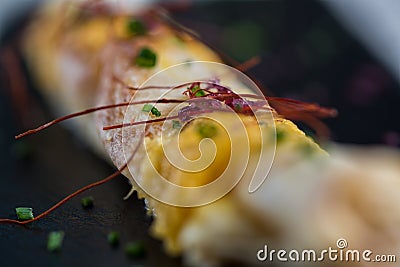 Author`s cuisine. Creative serving. Original chicken cannelloni Stock Photo