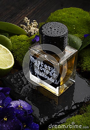 Author selective perfume bottles around green moss, flowers and leaves . close up. perfumery concept Editorial Stock Photo