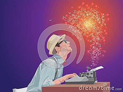 Magnificent story, author typing on typewriter Vector Illustration