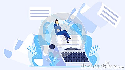 Author writing a book, tiny man sitting on huge typewriter, vector illustration Vector Illustration