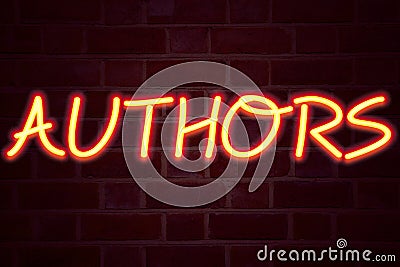 Authors neon sign on brick wall background. Fluorescent Neon tube Sign on brickwork Business concept for Word Message Stock Photo