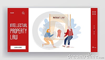 Authorship. Intellectual Property Protection Litigation Website Landing Page. Women Pulling Patent Law Certificate Vector Illustration