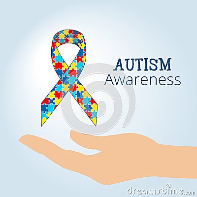 Autism awareness concept with hand holding ribbon of puzzle pieces Vector Illustration