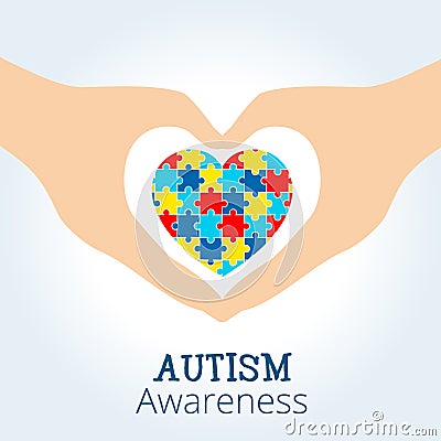 Autism awareness concept with hands holding heart of puzzle pieces Vector Illustration