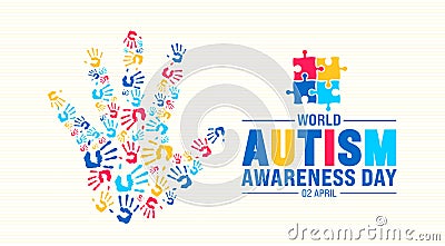 Autism Awareness Day colorful kids raising hand or child handprint shape background design template. Vector Illustration