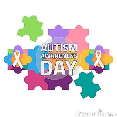 autism awareness day puzzle pieces colorful and ribbon disease medical support tolerance campaign solidarity event Vector Illustration