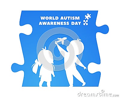 Autism awareness day. World problem, kids silhouettes in puzzle pieces. Autistic logo, adults and children mental health Vector Illustration