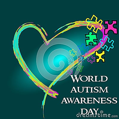 Autism Awareness Month. Trend lettering. Multi colored puzzle in Vector Illustration