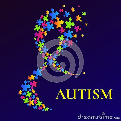 Autism awareness poster with multicoloured puzzled ribbon Vector Illustration