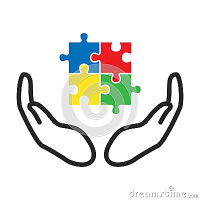 Autism Colorful Jigsaw puzzle with open hands on the white background. Isolated illustration Cartoon Illustration