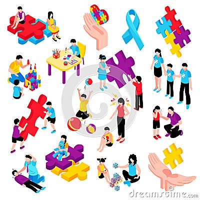 Autism Isometric Set Vector Illustration