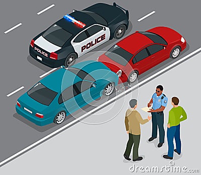 Auto accident involving two cars on a city street. Traffic policeman in car accident scene. Two Drivers Arguing After Vector Illustration