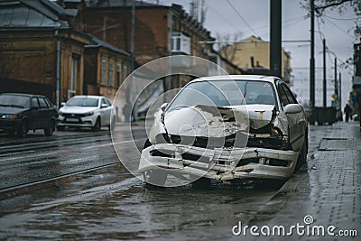 Auto accident on the street. A car damaged after a severe accident stands on a city street. Stock Photo