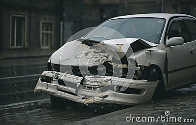 Auto accident on the street. A car damaged after a severe accident stands on a city street Stock Photo