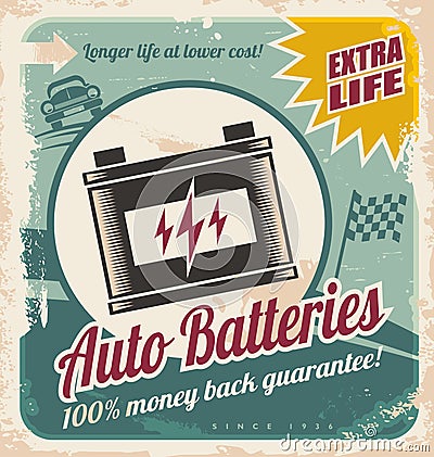 Auto batteries vintage poster design Vector Illustration