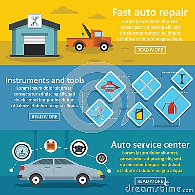 Auto car repair banner horizontal set, flat style Vector Illustration