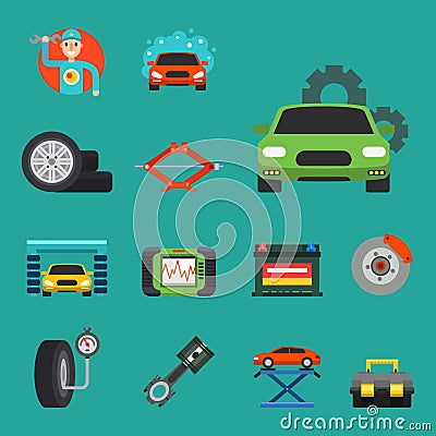 Auto car repair service symbols isolated shop worker maintenance transportation automotive mechanic vector illustration. Vector Illustration