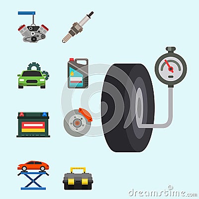 Auto car repair service symbols isolated shop worker maintenance transportation automotive mechanic vector illustration. Vector Illustration