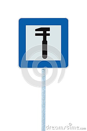 Auto Car Repair Shop Icon, Vehicle Mechanic Fix Service Garage Road Traffic Sign Roadside Pole Post Signage, Isolated Stock Photo