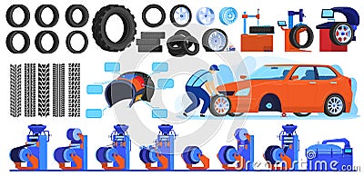 Auto car tire production vector illustrations, cartoon flat automotive industry set with car wheel tyre products, track Vector Illustration