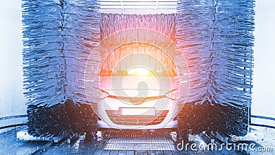 Auto car wash. Auto brush washer clean blue car on automatic carwash station. Automatic car wash background. Stock Photo