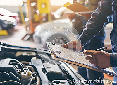 Auto check, car service shop concept. Automobile repairman writing job checklist on clipboard, mechanic checking engine Stock Photo