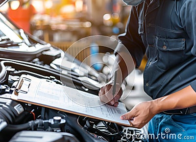 Auto check, car service shop concept. Automobile repairman writing job checklist on clipboard, mechanic checking engine Stock Photo